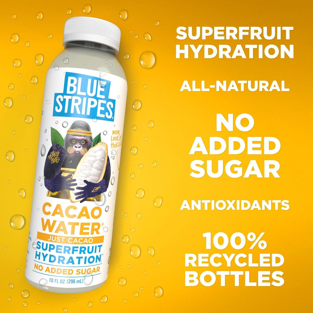 Blue Stripes Cacao Water - Cold Pressed Superfruit Hydration with Electrolytes & Antioxidants, No Sugar Added, All Natural, Great for Protein Shakes & Smoothies - Just Cacao, 12 Pack