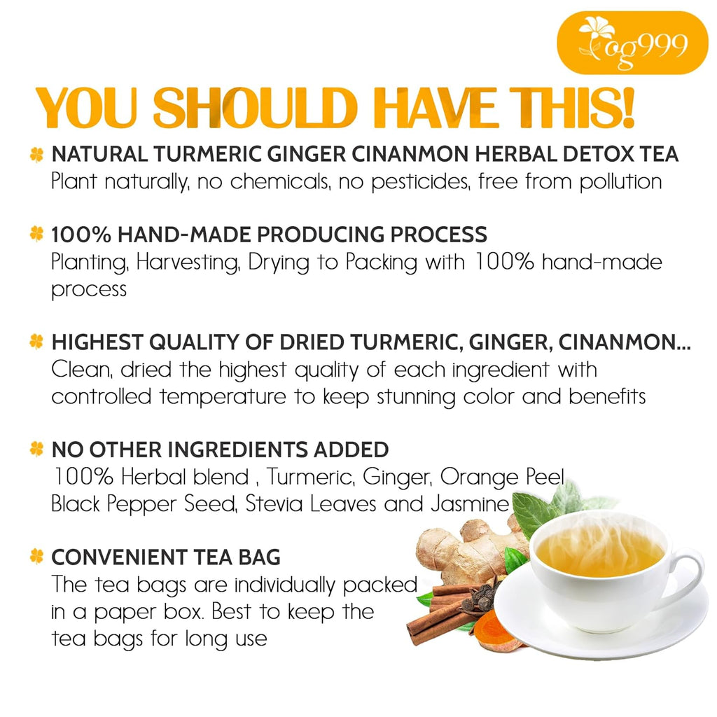 TOG999, 20 Tea Bags of Ginger, Turmeric and Cinnamon, Upgraded Version, 100% Natural, Hand-made Blend of Ginger, Turmeric, Cinnamon, Orange Peel, Black Pepper, Stevia Leaves, Jasmine. No Sugar, Vegan.
