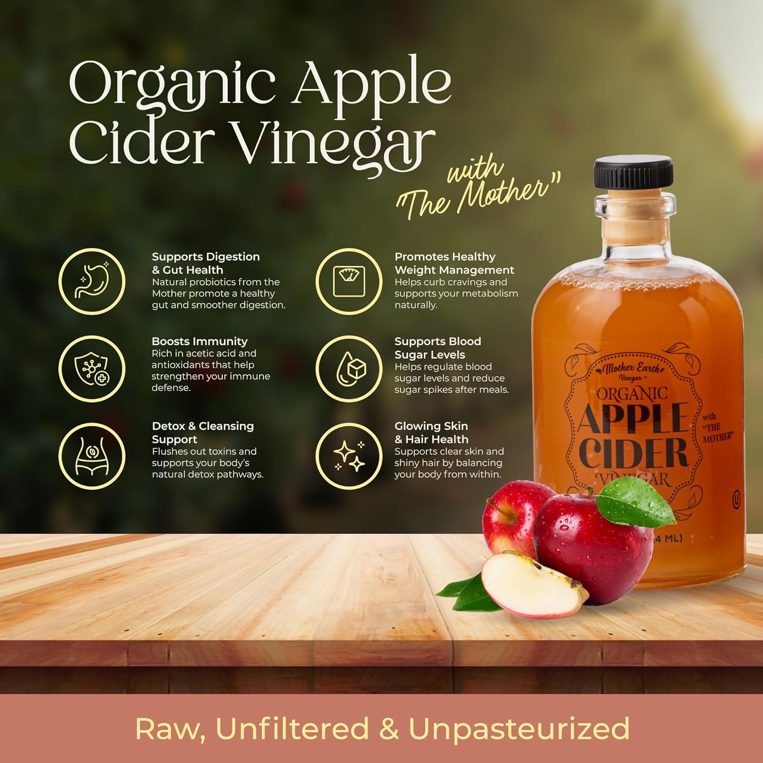 Mother Earth, Organic Apple Cider Vinegar with The Mother, Fresh Pressed Organic Apples, OACV, ACV, Raw, Unpasteurized, Unfiltered (1/14oz Apothecary Glass Bottle with Pour Spout)