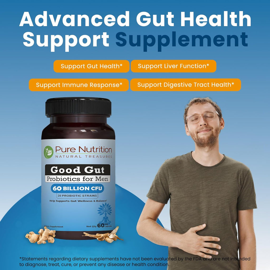 Pure Nutrition Good Gut Men's Probiotics 60 Billion CFU, 20 Strains | 60 Caps | Probiotics for Men with Organic Prebiotic Blend | Once Daily | Non GMO | Gluten Free