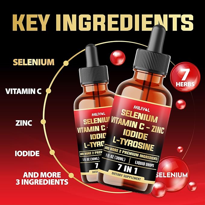 7in1 Selenium Liquid Drops – 200mcg Selenomethionine for Men & Women – Pure Thyroid Support Supplement – High Absorption Tincture – for Immune & Energy Support - 1FL Oz - 60 Day Support