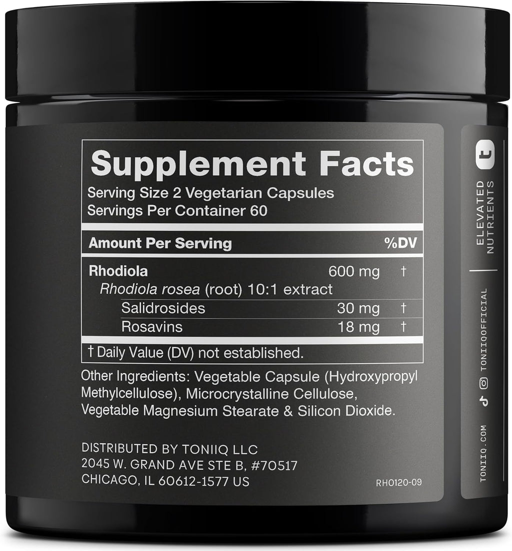 Toniiq Triple-Strength 600mg Rhodiola Rosea - 120 Capsules - 5% Salidroside Concentrated Extract - Highly Purified and Bioavailable
