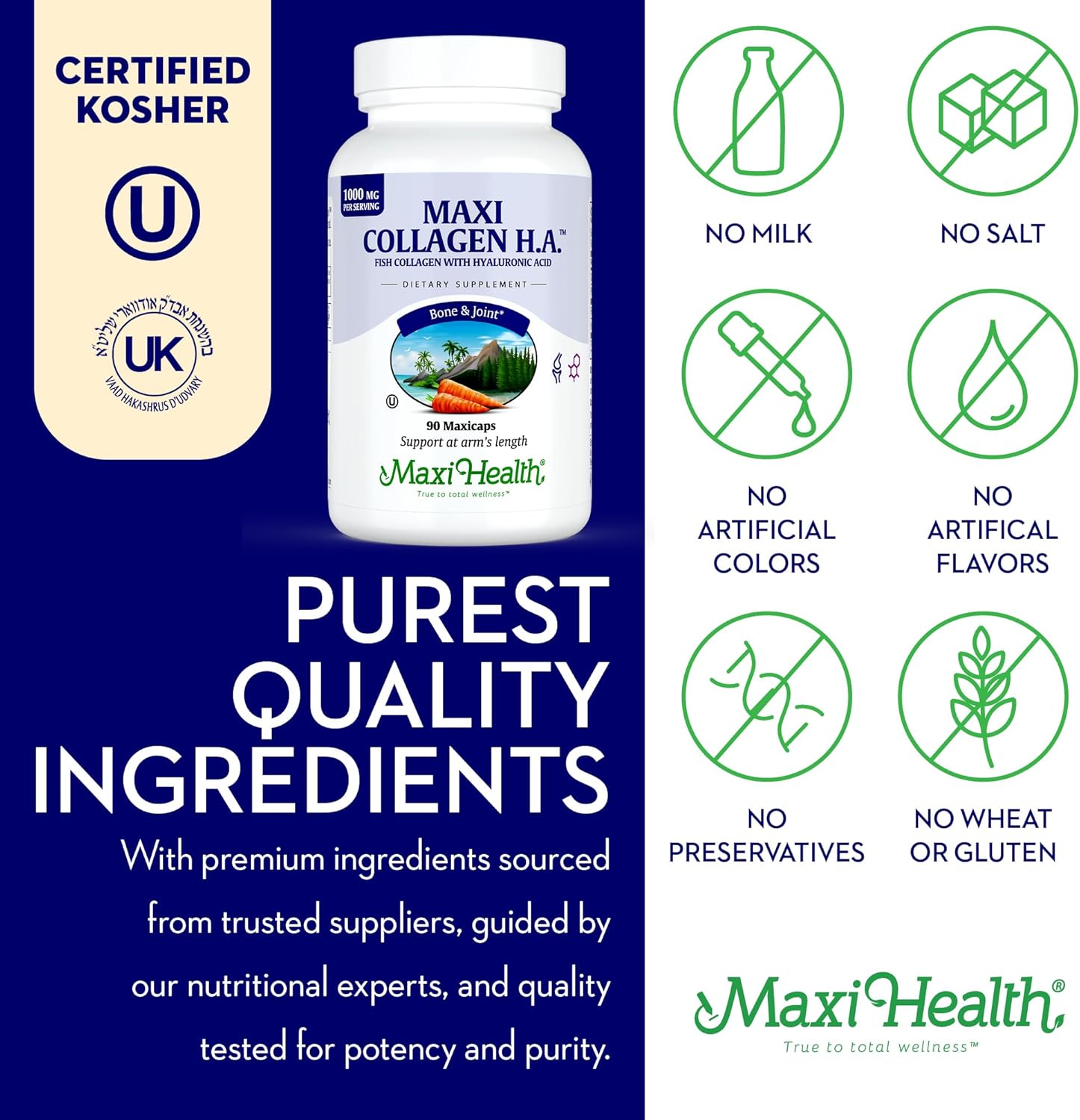 Maxi Health Marine Collagen Pills – 1000 mg Type 1 Collagen for Women & Men with Hyaluronic Acid Supplement for Joint & Skin Support – Unflavored, Clean Kosher Capsules (90 Maxicaps)