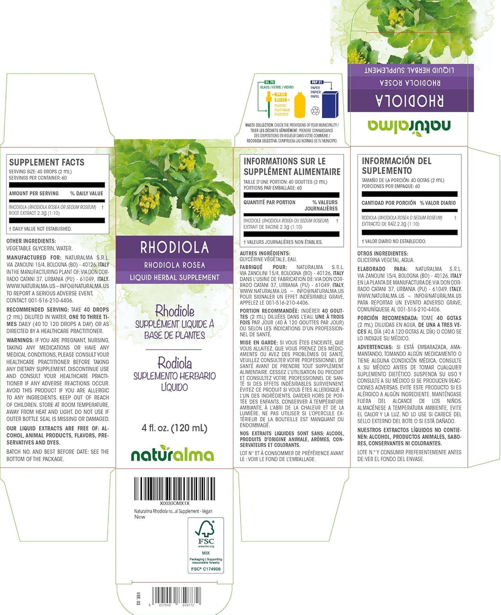 Naturalma Rhodiola rosea (Sedum roseum) Root Alcohol-Free Tincture - 4 fl oz Liquid Extract in Drops - Herbal Supplement - Vegan