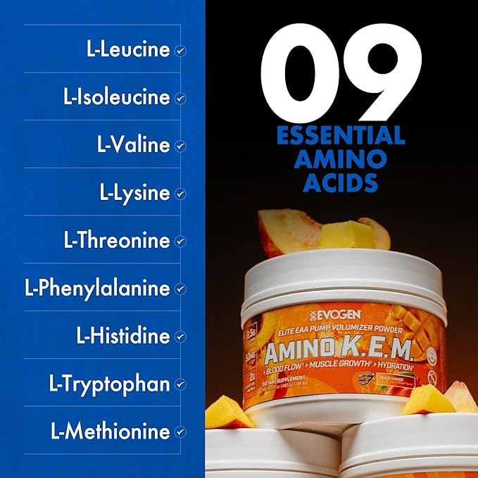 Evogen Amino K.E.M. - EAA & BCAA Powder Pump Volumizer | BCAAs Amino Acids Supplement for Blood Flow, Muscle Growth, & Hydration | Peach Mango | 30 Servings
