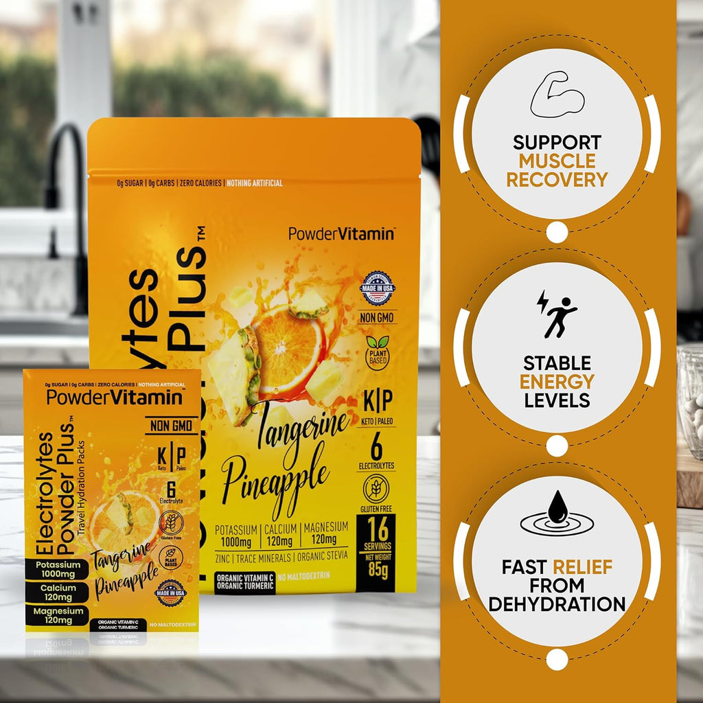 PowderVitamin Electrolytes Powder Plus, Keto, Tangerine Pineapple, Sugar Free, Pink Himalayan Salt, 1000mg Potassium, 120mg Calcium, 120mg Magnesium, Non-GMO, Zero Calories, (16 Hydration Packets)