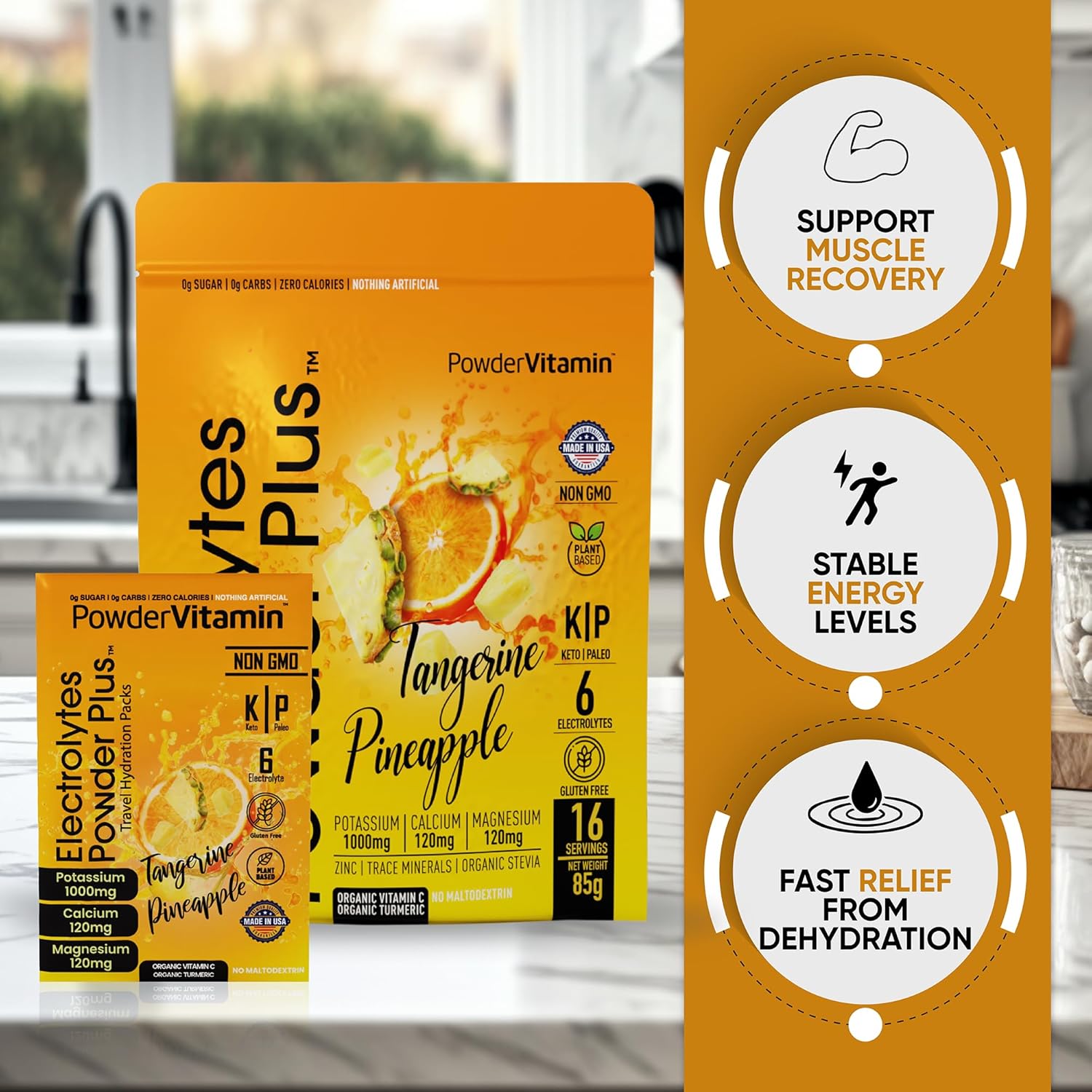 PowderVitamin Electrolytes Powder Plus, Keto, Tangerine Pineapple, Sugar Free, Pink Himalayan Salt, 1000mg Potassium, 120mg Calcium, 120mg Magnesium, Non-GMO, Zero Calories, (16 Hydration Packets)