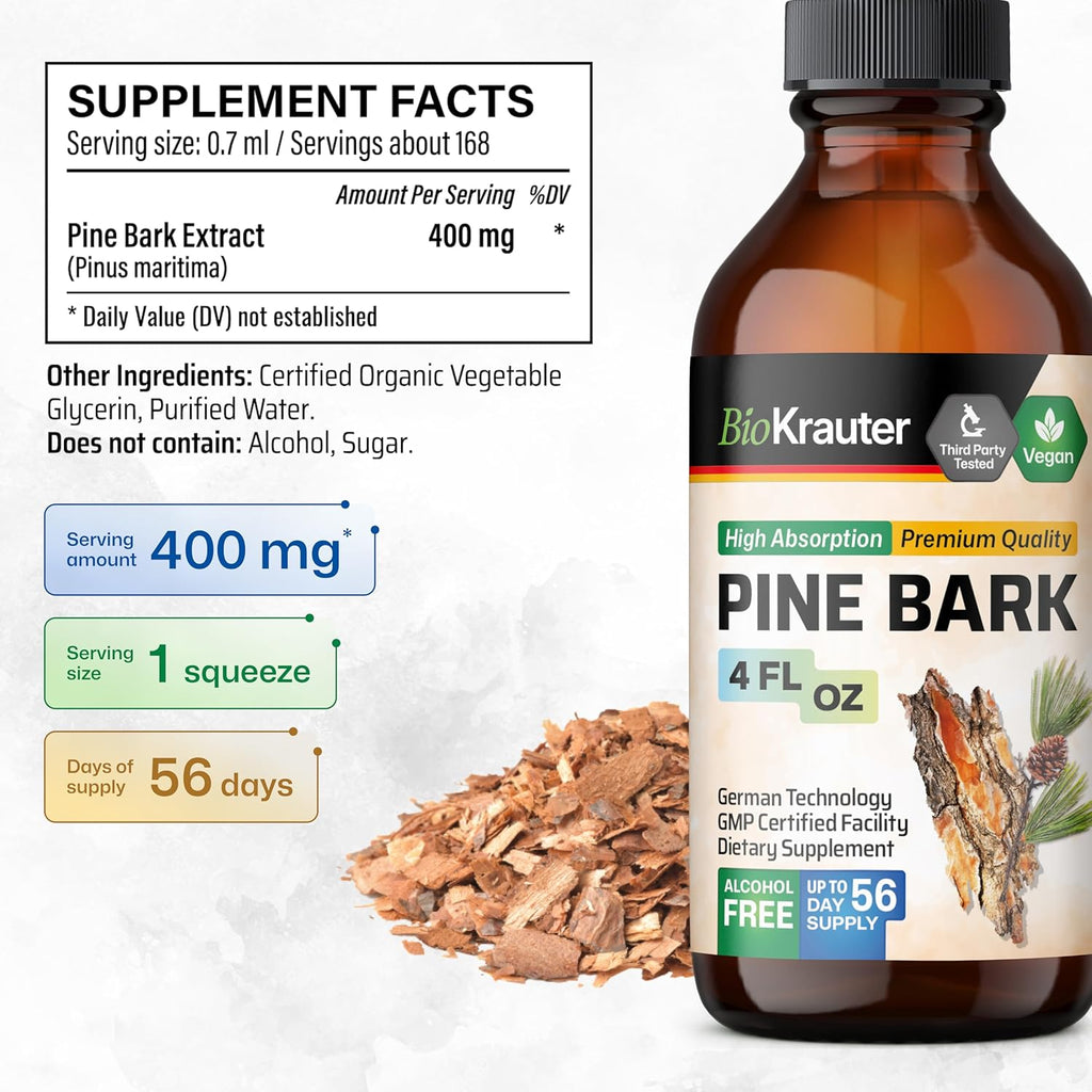 BIO KRAUTER Pine Bark Extract - Rich in Antioxidants Liquid Supplement - 400 mg French Maritime Pine Bark Extract Drops - Vegan, Alcohol & Sugar Free - 4 Fl Oz