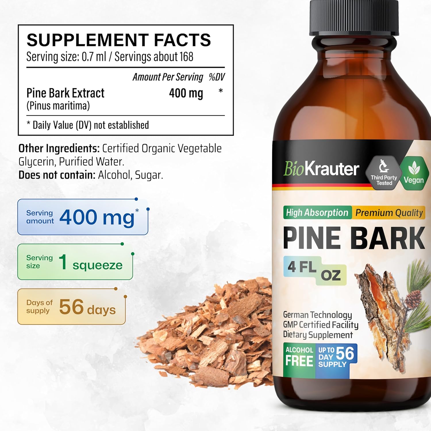 BIO KRAUTER Pine Bark Extract - Rich in Antioxidants Liquid Supplement - 400 mg French Maritime Pine Bark Extract Drops - Vegan, Alcohol & Sugar Free - 4 Fl Oz