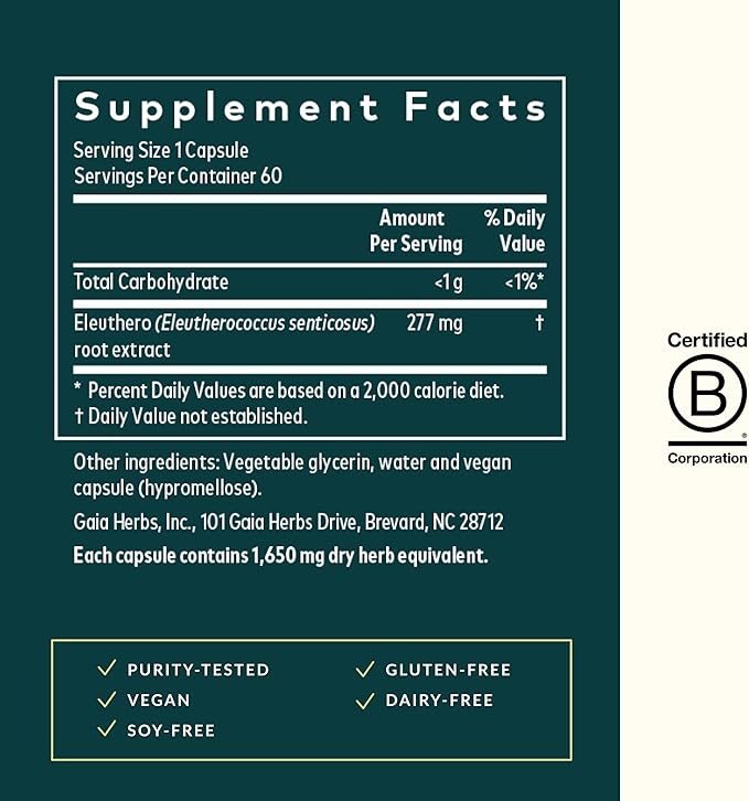 Gaia Herbs Eleuthero Root - Energy, Stamina & Mental Endurance Support* - Eleuthero Root (Siberian Ginseng) Adaptogen Herbal Supplement - 60 Vegan Liquid Phyto-Capsules (60 Servings)