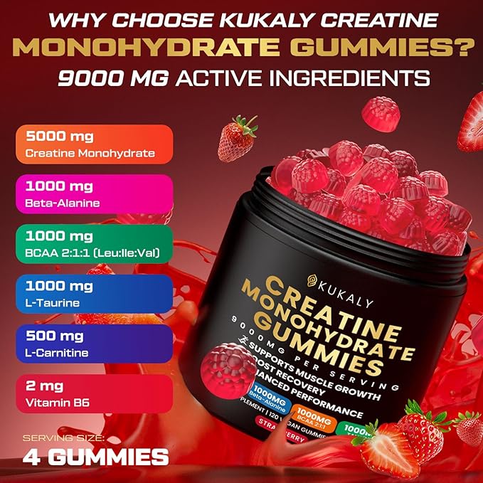 Creatine Monohydrate Gummies for Men & Women, 9000MG Creatine Gummies Sugar Free with L-Taurine, BCAA 2:1, B12 B6 for Boost Strength, Focus & Endurance, Vegan, Non-GMO, Strawberry 120pcs