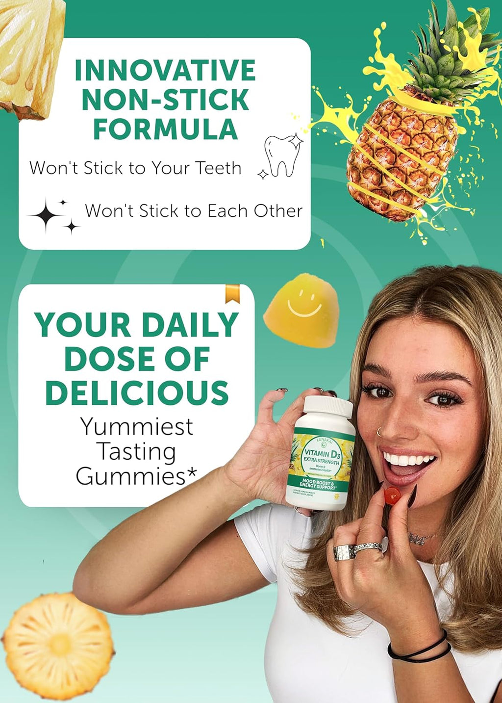 Lunakai USA Made Vitamin D3 Gummies 2000 IU - Non-GMO, Gluten-Free Vitamin D Gummies for Women & Men - Bone, Immune & Energy Support, 60ct