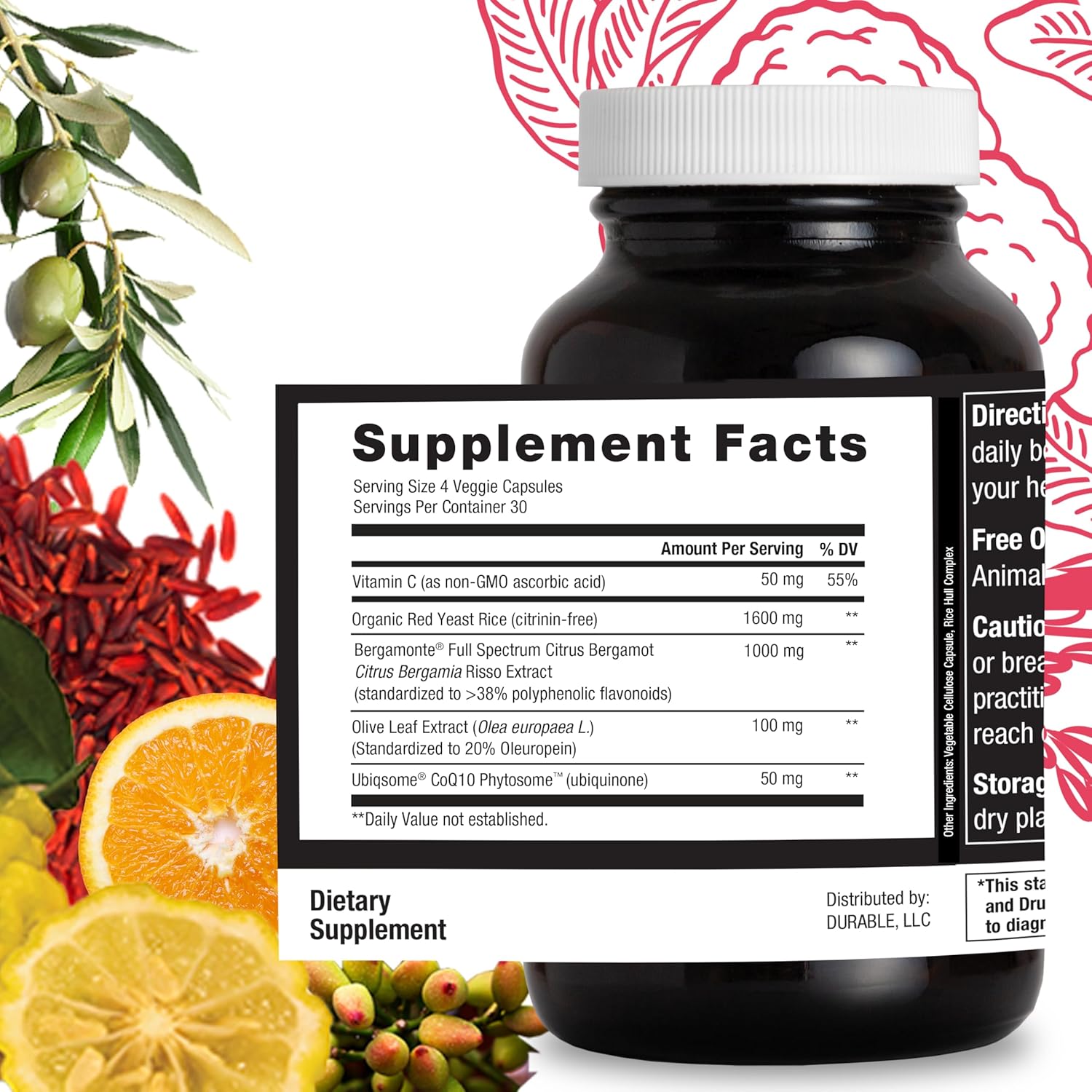 Durable Cholesterol Complete – Organic Red Yeast Rice 1,600 mg + Bergamonte® Citrus Bergamot 1,000 mg + Ubiqsome® CoQ10 + Olive Leaf + Vitamin C – Doctor Formulated, Made in USA (120 Capsules)
