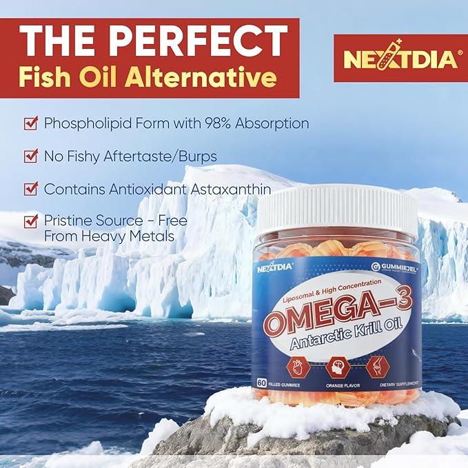 Liposomal Antarctic Krill Oil Gummies 2000mg - Cellular Level Absorption Omega-3 with EPA, DHA & Astaxanthin - Antioxidant & Brain Support - Fish Oil Supplements Alternative - Sugar Free - 60 Count