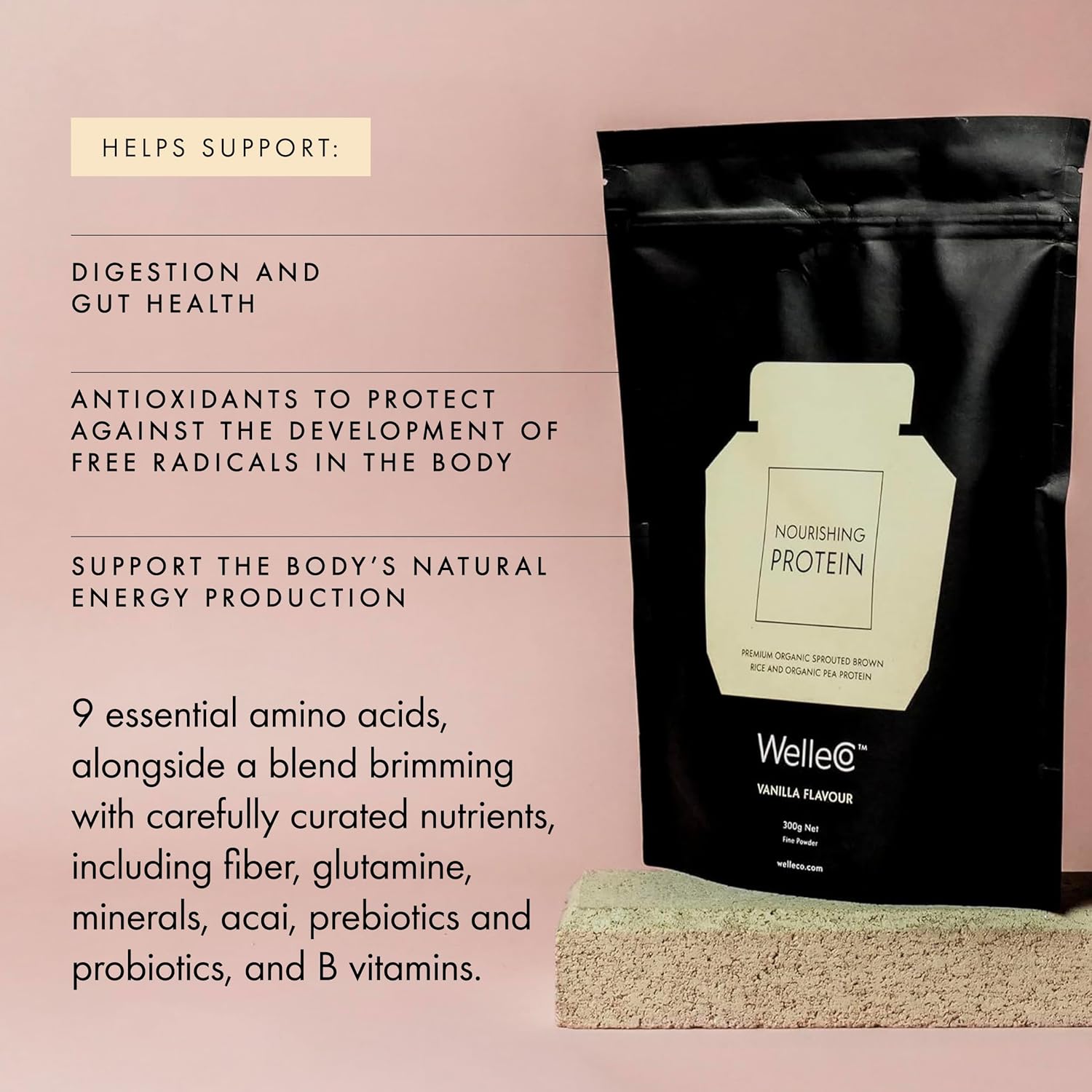 WelleCo, Nourishing Protein, Premium Organic Sprouted Brown Rice & Pea Protein, Vanilla Flavour, 300g (10.5oz) Pouch