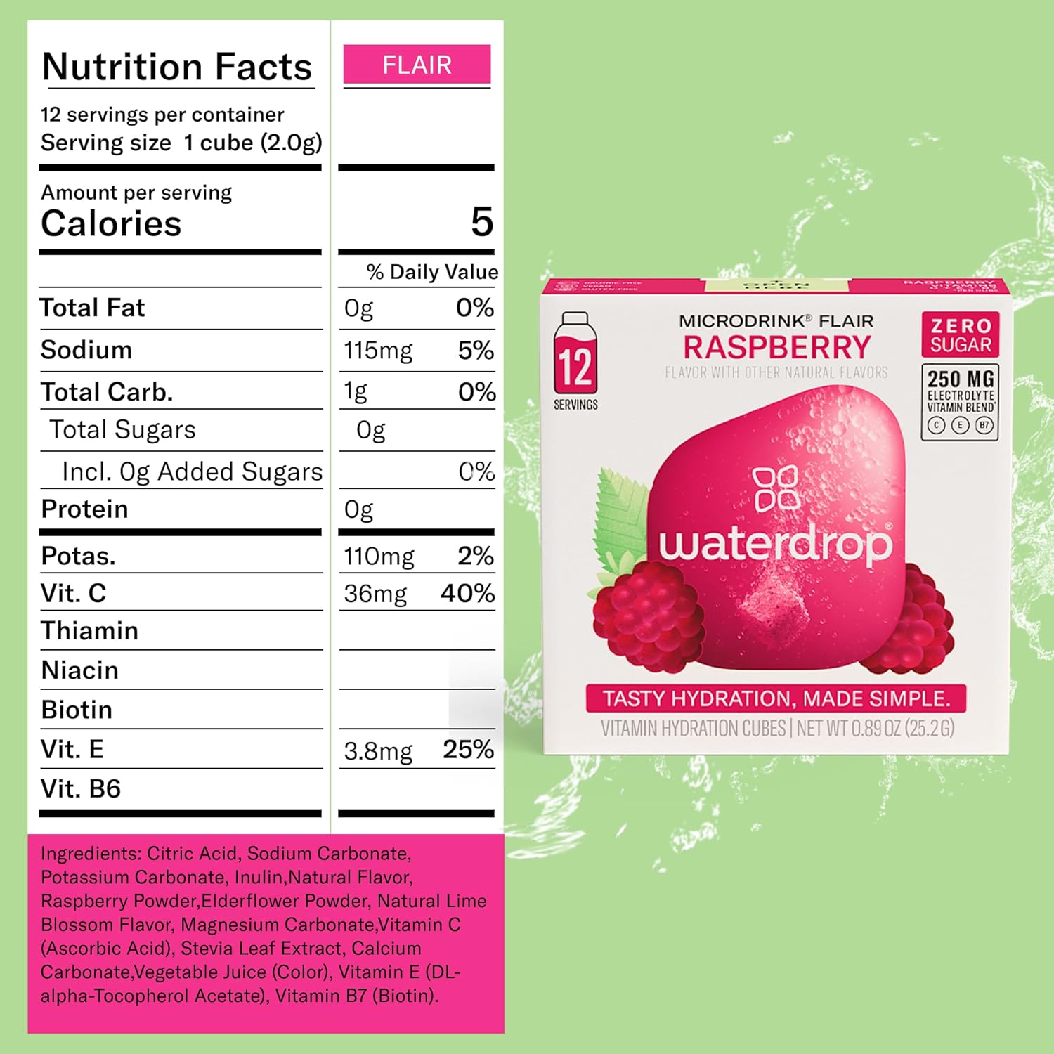 Waterdrop Hydration Cubes, Elderflower & Lime Blossom, Vitamin C, E & Potassium, On The Go Water Enhancer Drops for Still & Sparkling Water, Low Calorie, Zero Sugar, Gluten Free, Non GMO, Vegan, 24 CT