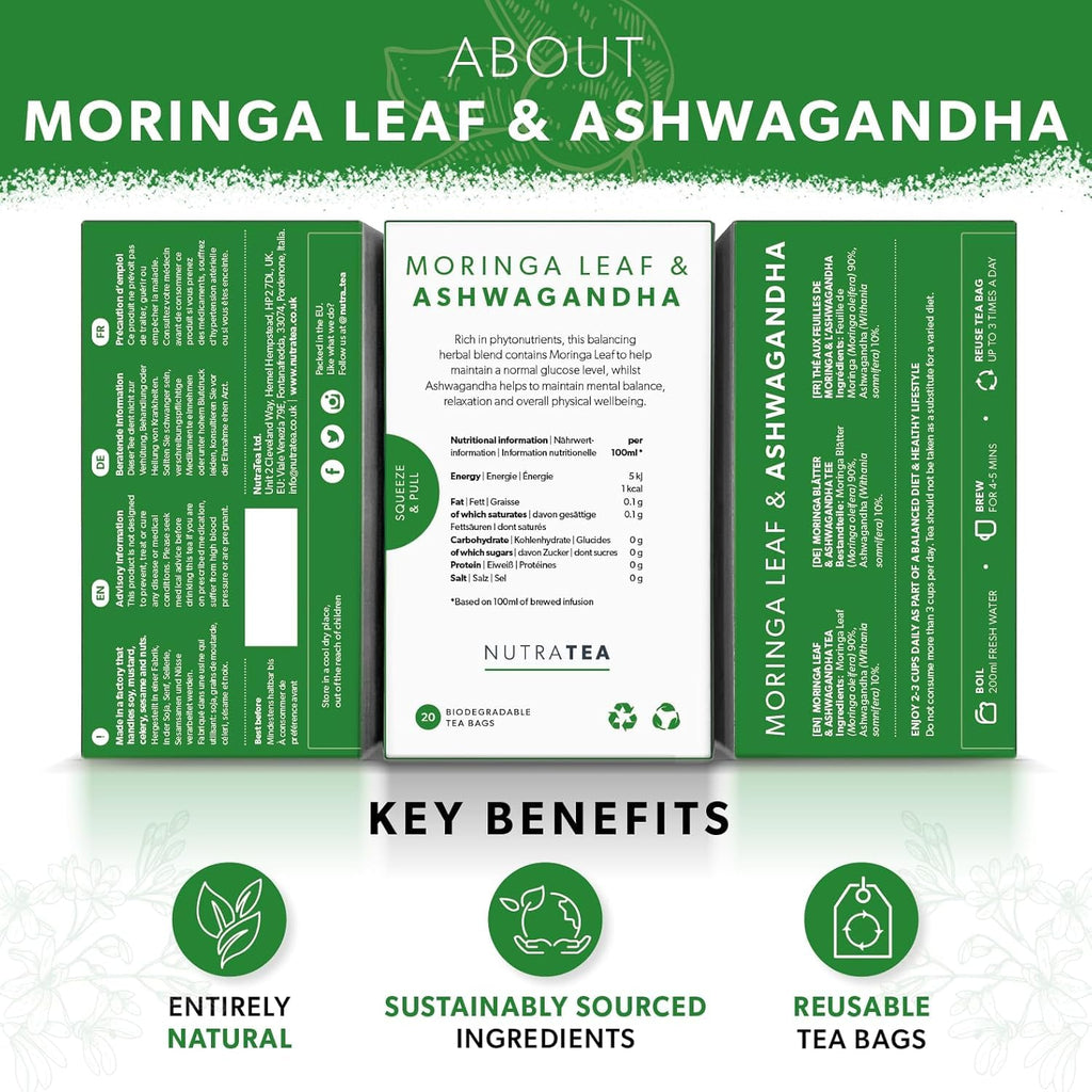 Nutra Tea - Moringa Leaf & Ashwagandha – Moringa Tea Bags, Ashwagandha Tea Bags - For Mood Support and Stress Relief - 60 Individually Wrapped Bags - Herbal Infusion (3 Pack)