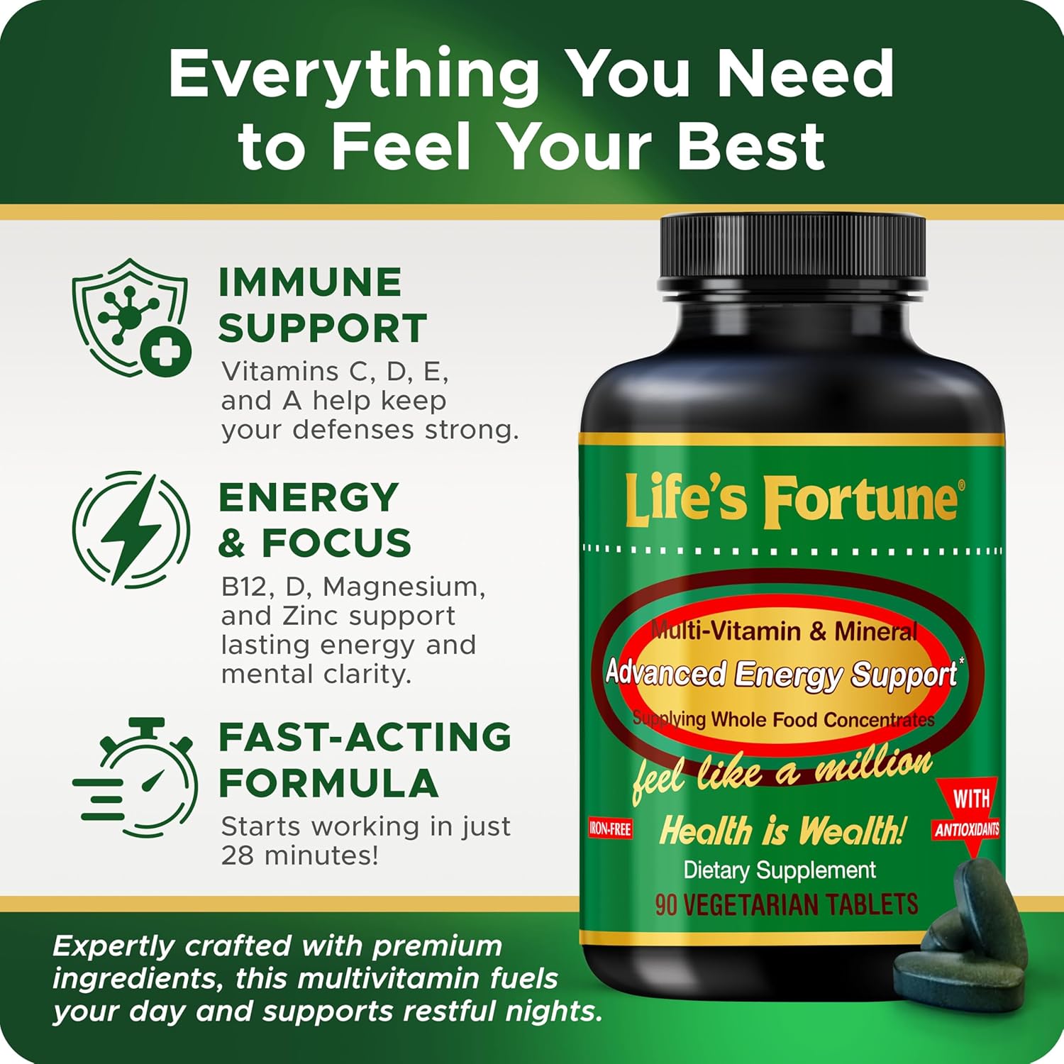 Life's Fortune Multivitamin All Natural Energy Source Supplying Whole Food Concentrates, Antioxidants, Amino Acids, Enzymes, Trace Minerals & More (90 Count (Pack of 1))