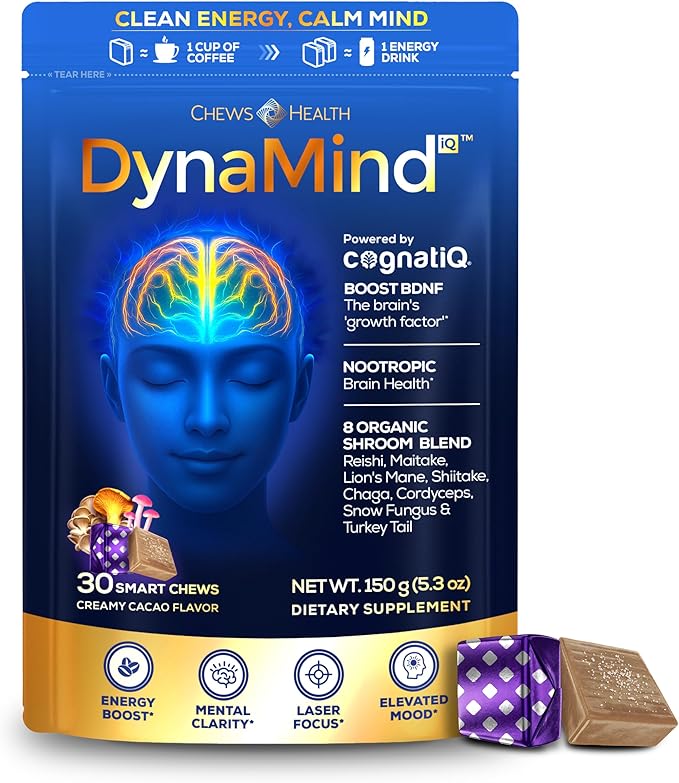 DynaMind iQ Chews - Best Brain Memory and Focus Supplement for Adults, Nootropic Supplement, Supports BDNF, Memory Booster – Natural Caffeine & Functional Mushrooms for Cognitive Performance, 30 Count