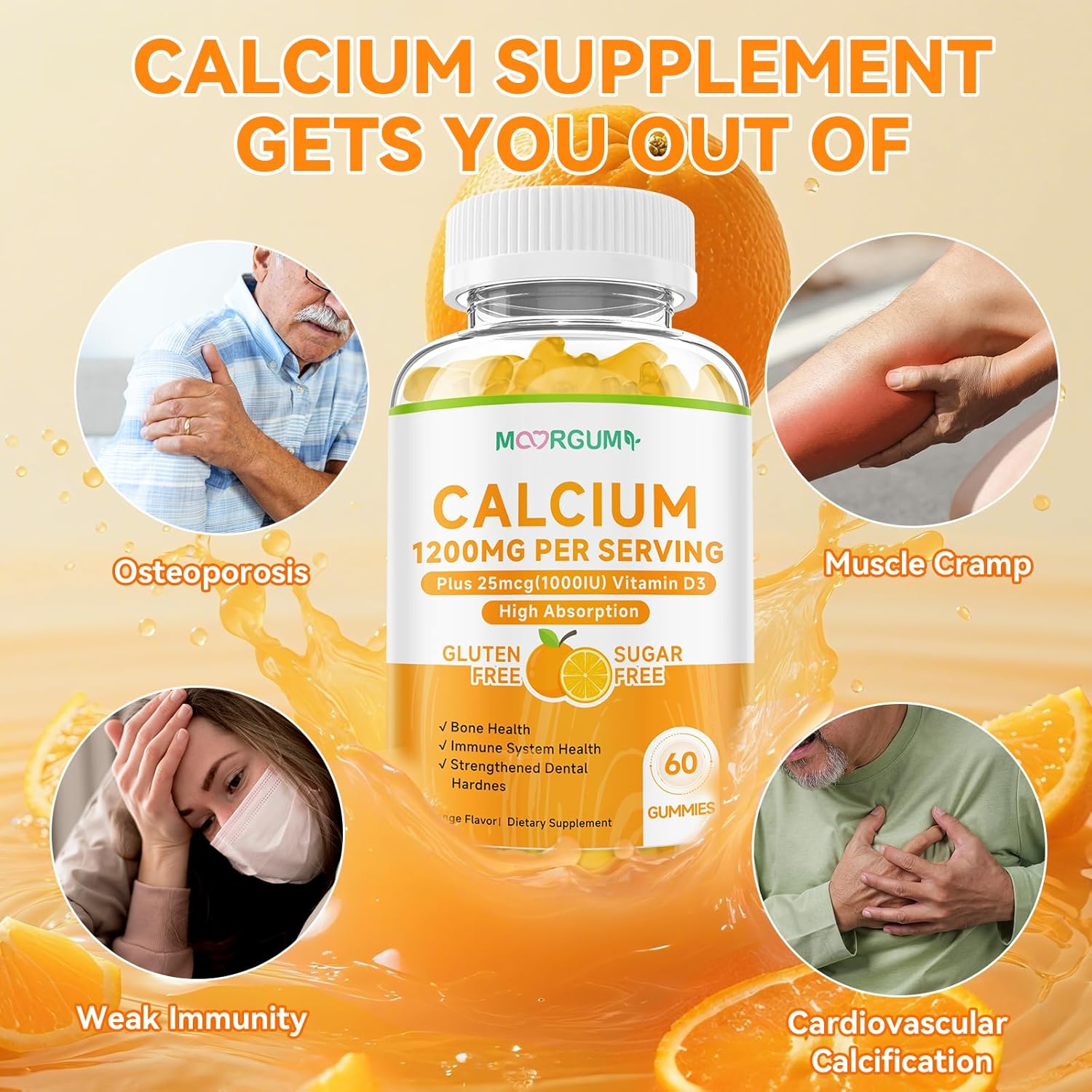 Calcium Citrate Gummies for Kids, Adult - 1200 mg with Vitamin D3 1000IU - Bone, Teeth, Immune System Health, High Absorption Calcium and Vitamin D Supplement, Orange, 120 Count