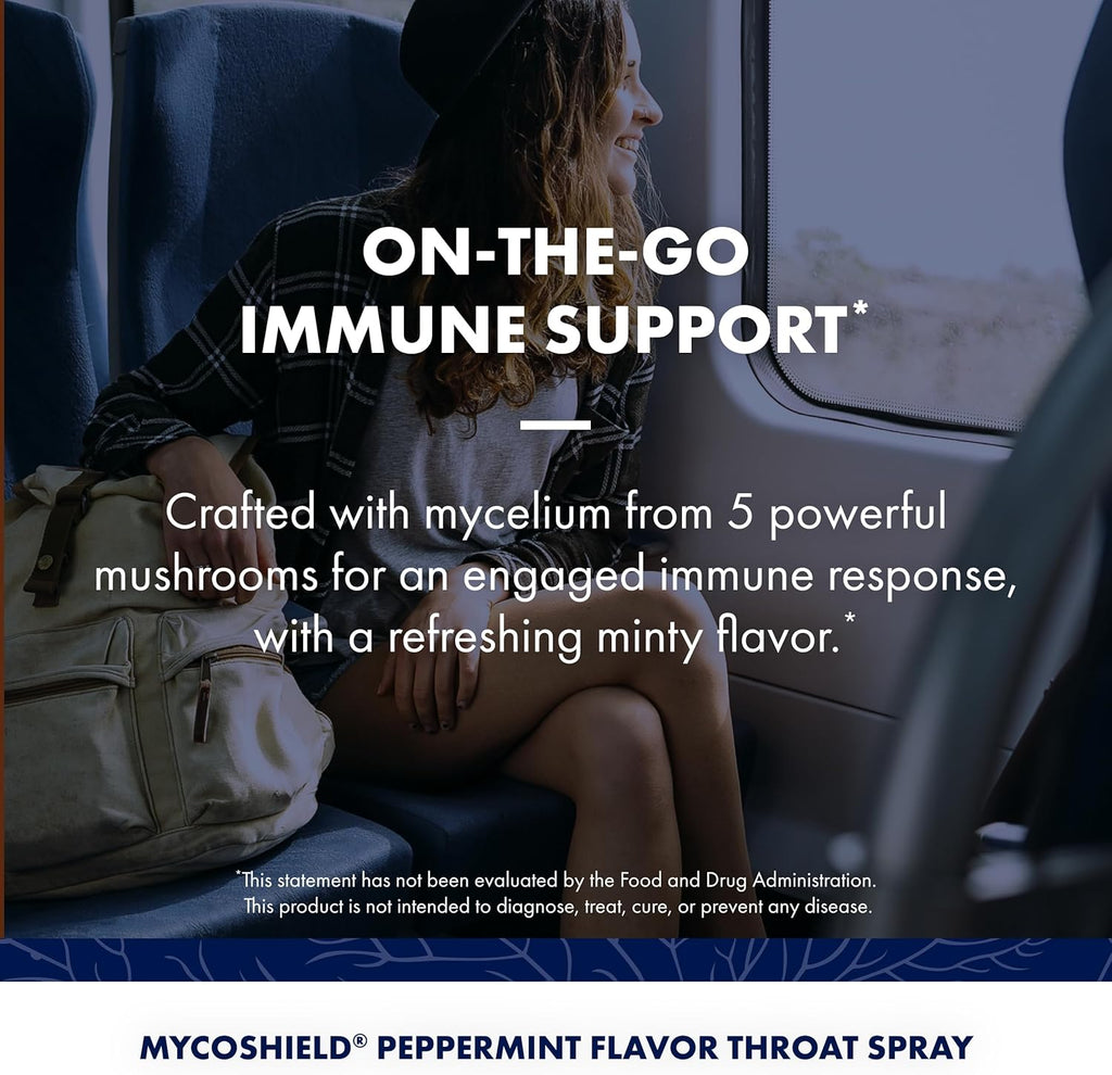 Host Defense MycoShield Throat Spray - Immune Health Support - Dietary Mushroom Supplement with Chaga, Reishi, Turkey Tail & More - On-The-Go Immune Support - Peppermint, 1 fl oz (71 Servings)*