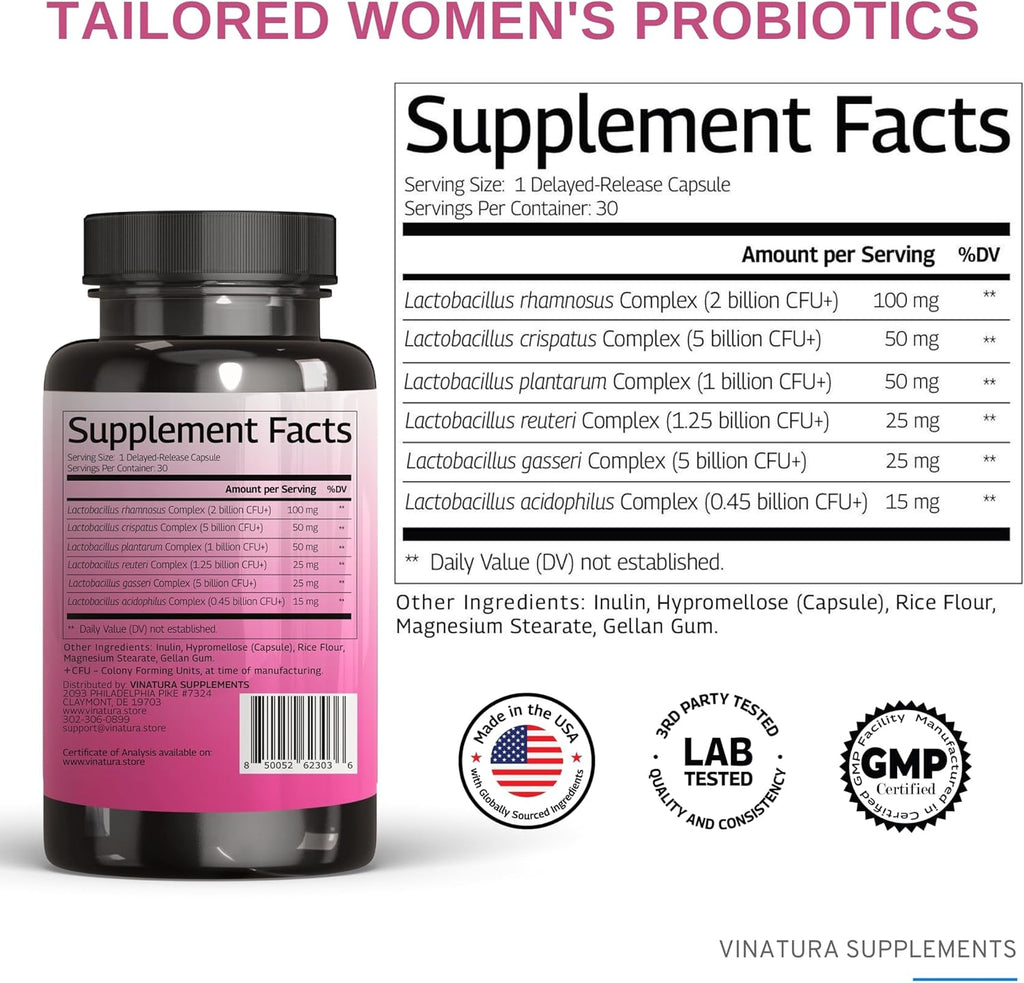 Lactobacillus Rhamnosus, Reuteri, Gasseri, Plantarum, Crispatus, Acidophilus Probiotics - Probiotics for Women *USA Made & Tested* Women Vaginal Health, Gut and Digestive Health - 30 Capsules