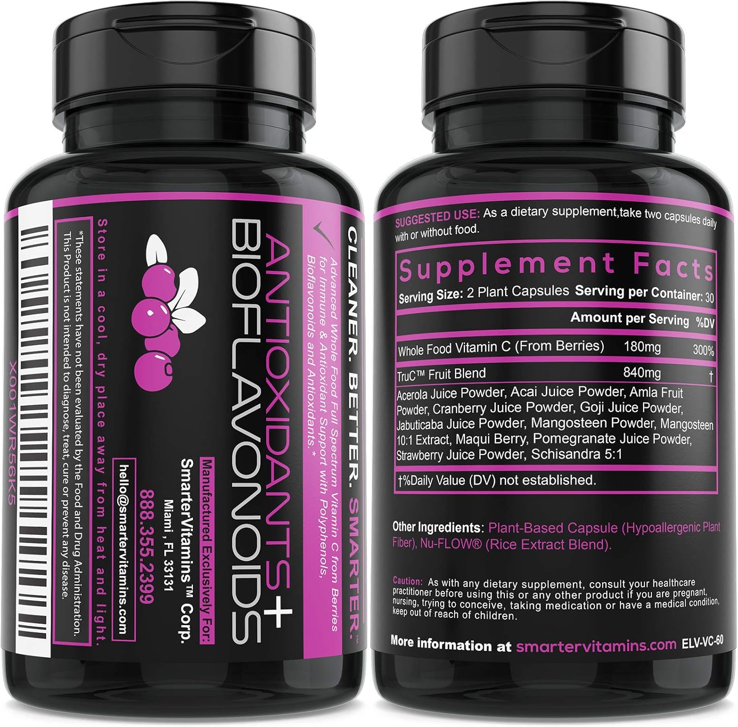 Smarter Raw Whole Food Vitamin C from Berries, Premium Antioxidants, Bioflavonoids & Polyphenols, 60 Vegan Capsules