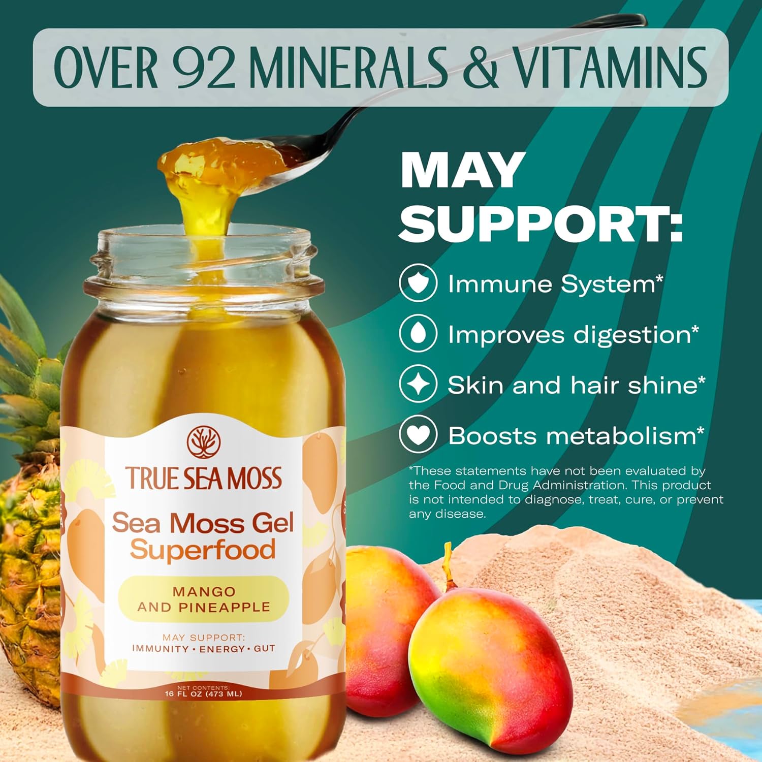 TrueSeaMoss Sea Moss Gel – Made in USA – Wildcrafted Seamoss, Fresh Fruits & Sea Vegetables – Mango/Pineapple, Pack of 2 (Labels may Vary)