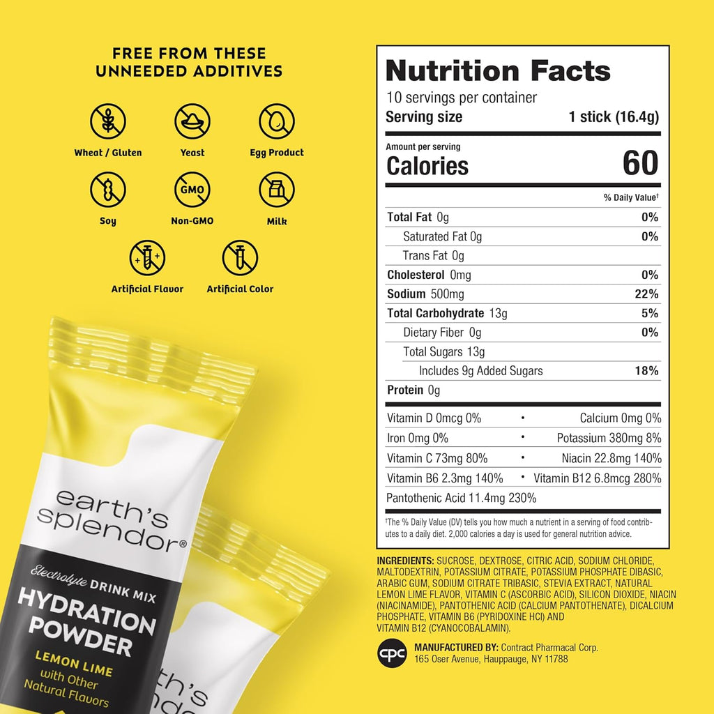 Earth's Splendor Electrolytes Powder Packets Lemon Lime Hydration Drink Mix Sticks with Essential Vitamins for Energy & Sports Performance | Travel-Friendly Single-Serve Packets for Daily Use 10 Pack