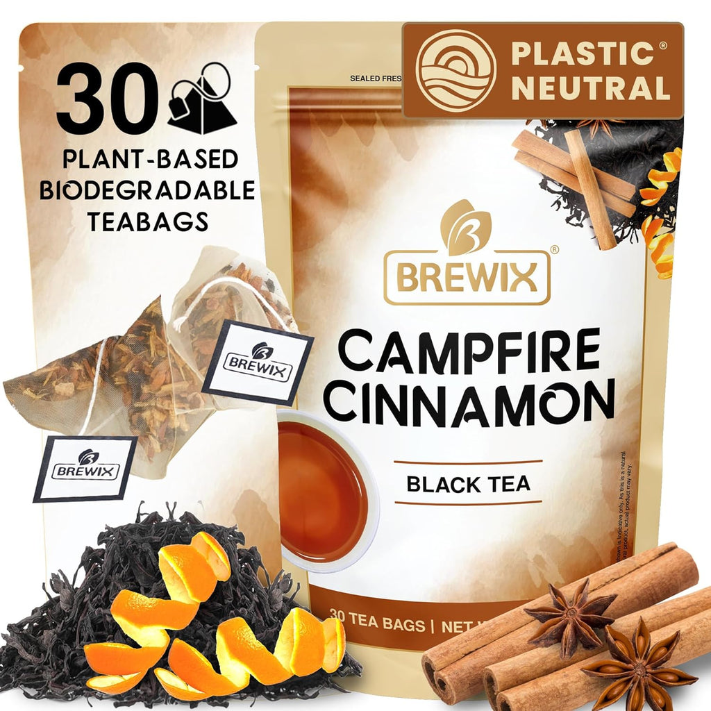 BREWIX, Campfire Cinnamon Black Tea (30 Pyramid Tea Bags) | Black Tea with Orange & Cinnamon | Sweet and Spicy Tea | Energy Tea
