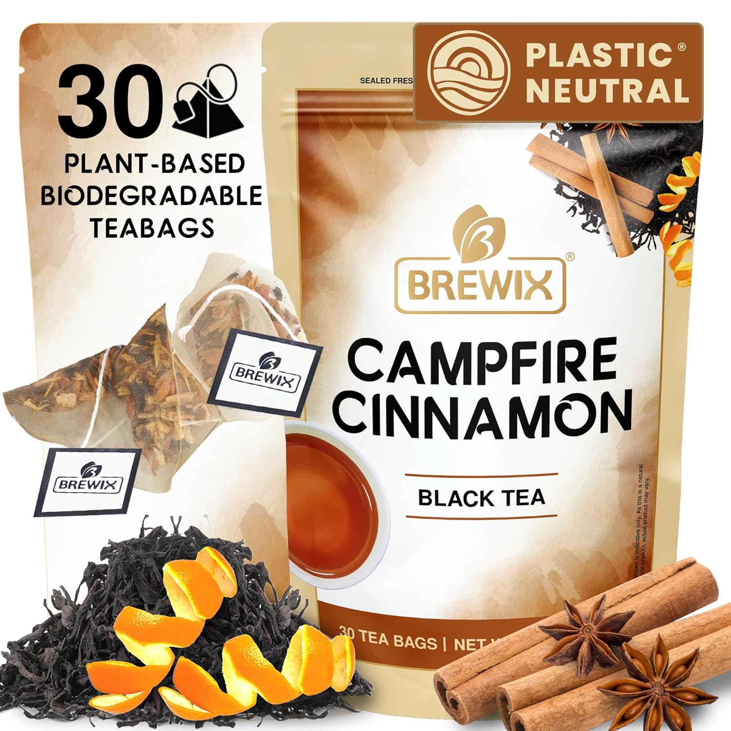 BREWIX, Campfire Cinnamon Black Tea (30 Pyramid Tea Bags) | Black Tea with Orange & Cinnamon | Sweet and Spicy Tea | Energy Tea