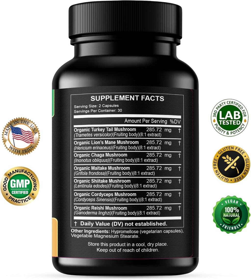 Mushroom Supplement Extracts of Lions Mane Cordyceps Chaga Reishi Turkey Tail Maitake Shiitake Capsules - Natural Vitamins Minerals Antioxidants Supplement - Made in The USA