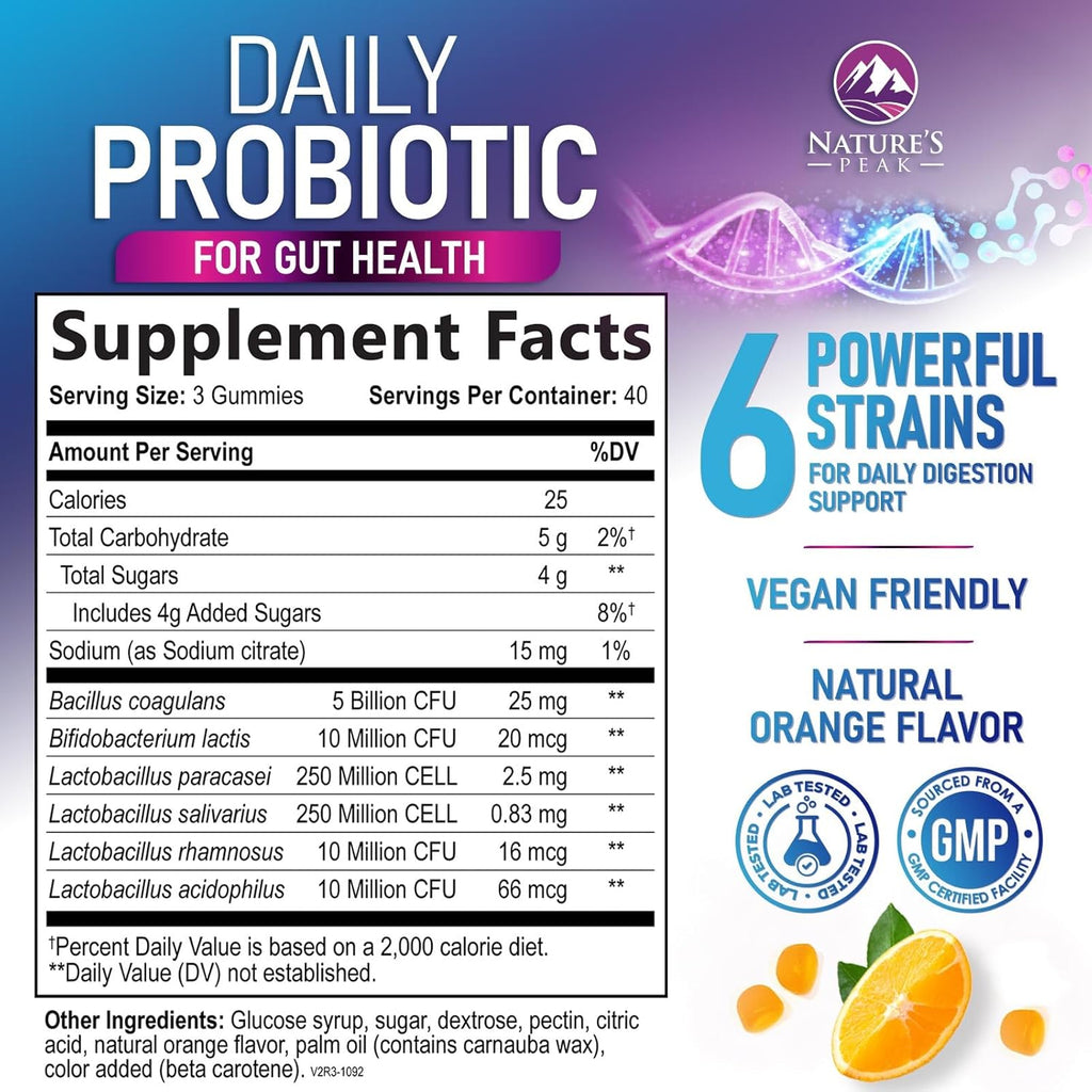 Probiotic Gummies 5 Billion CFU - Top 6 Pro Biotic Strains - Daily Probiotic Gummy Supplement for Women, Men & Teens - Natural Digestive Health, “Good” Gut & Immune Support - Orange Flavor - 120 Count