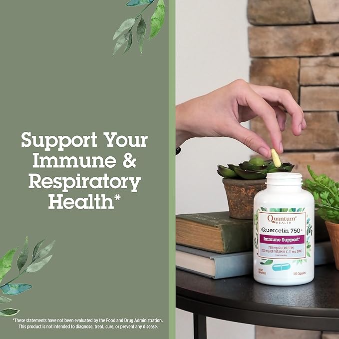 Quantum Health Quercetin+ 750mg Powerful Immune Support Supplement + Zinc 11mg & Vitamin C 200mg Seasonal Immunity Boost Respiratory Health & Gut Support Complex for Women & Men - 180 Capsules