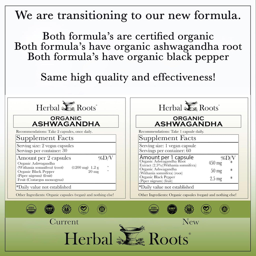 Herbal Roots Ashwagandha Capsules | Extra Strength 1,000mg per Serving | Ayurvedic for Overall Health for Men and Women | 60 Vegan Capsules