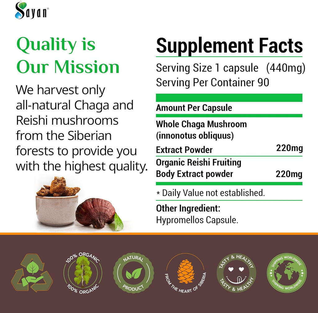 Sayan Siberian Chaga and Organic Reishi Mushroom Extract Supplement – 90 Capsules/440mg Each - Wild-Harvested, Antioxidant Blend for Immune System Support + Natural Energy Boost, Non-GMO, Gluten Free