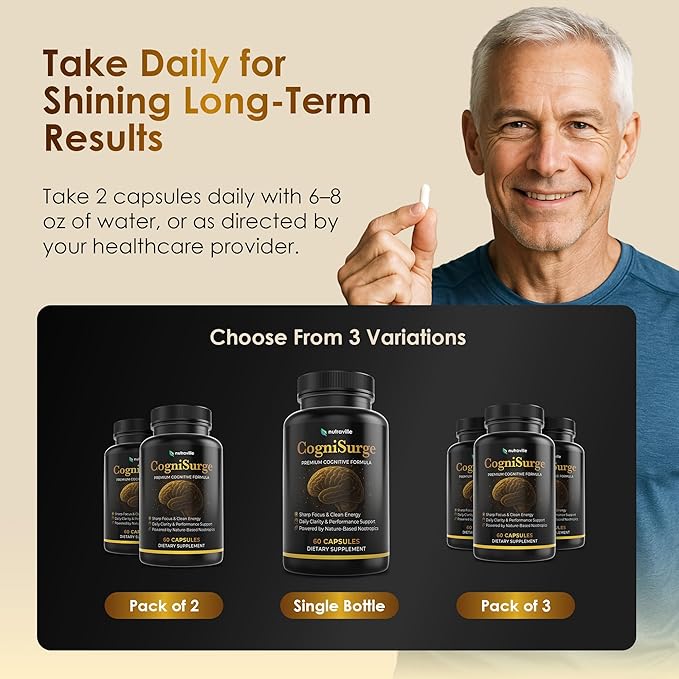 CogniSurge Nootropics Brain Support Supplement for Memory and Focus - Nature-Powered Lion's Mane Supplement Capsules with Shilajit - No Caffeine or Stimulants - 3 Pack
