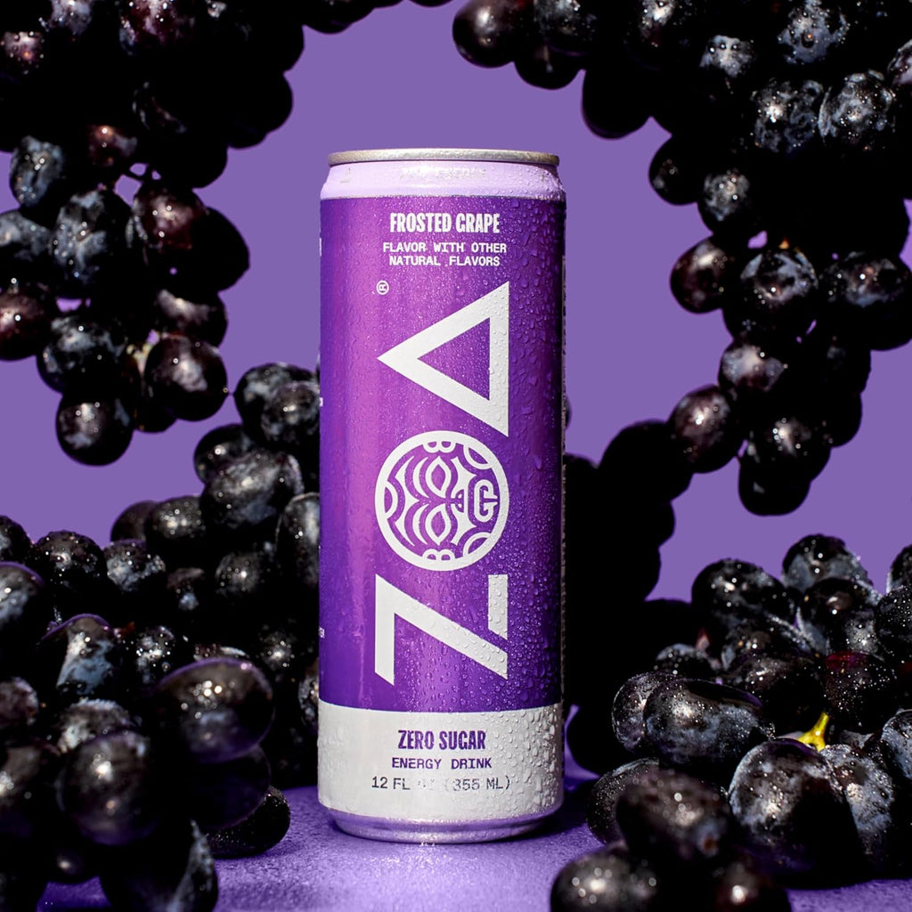 ZOA Zero Sugar Energy Drinks, Frosted Grape - Sugar Free with Electrolytes, Healthy Vitamin C, Amino Acids, Essential B-Vitamins, and Caffeine from Green Tea - 12 Fl Oz (12-Pack)