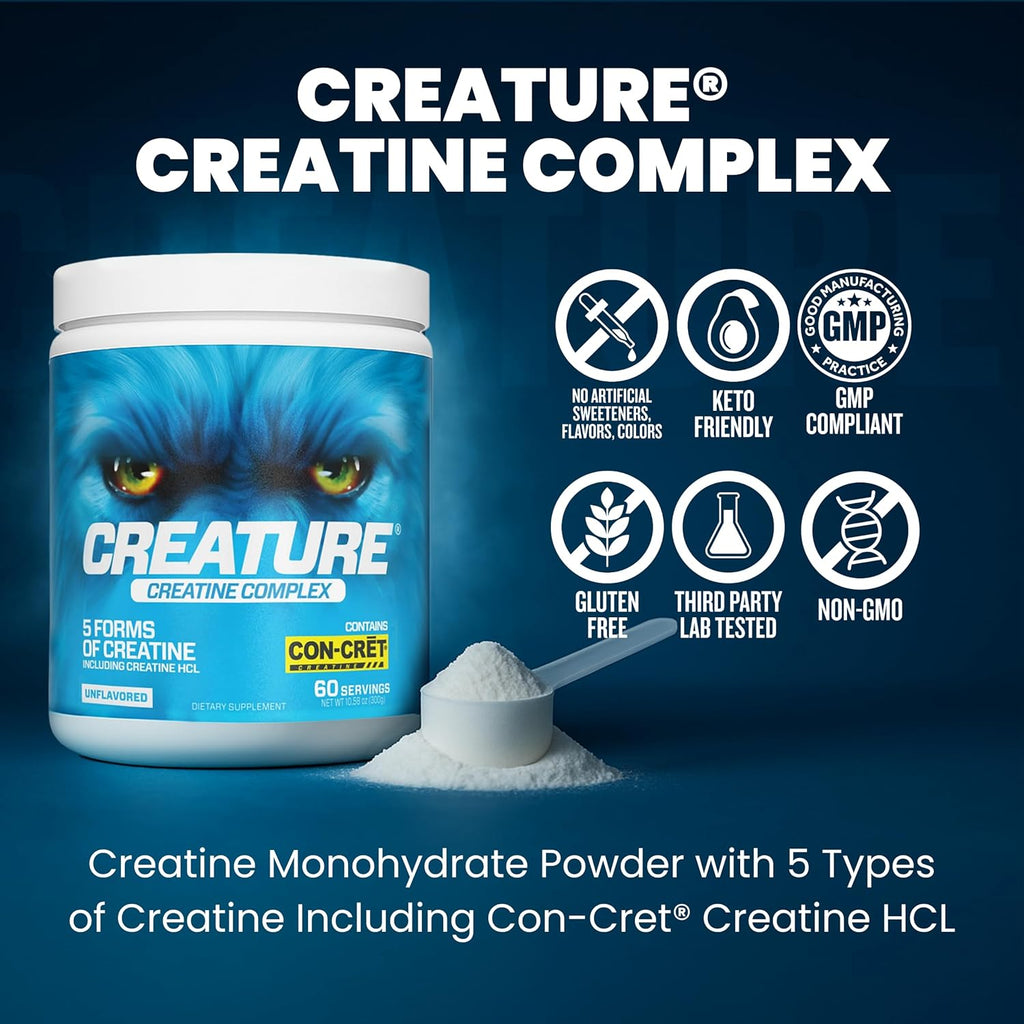 CREATURE® Creatine Complex - Creatine Monohydrate Powder with 5 Types of Creatine Including Con-Crēt® Creatine HCL, Promotes Muscle, Strength, Endurance, Brain Health, Unflavored, 300g, Pack of 2