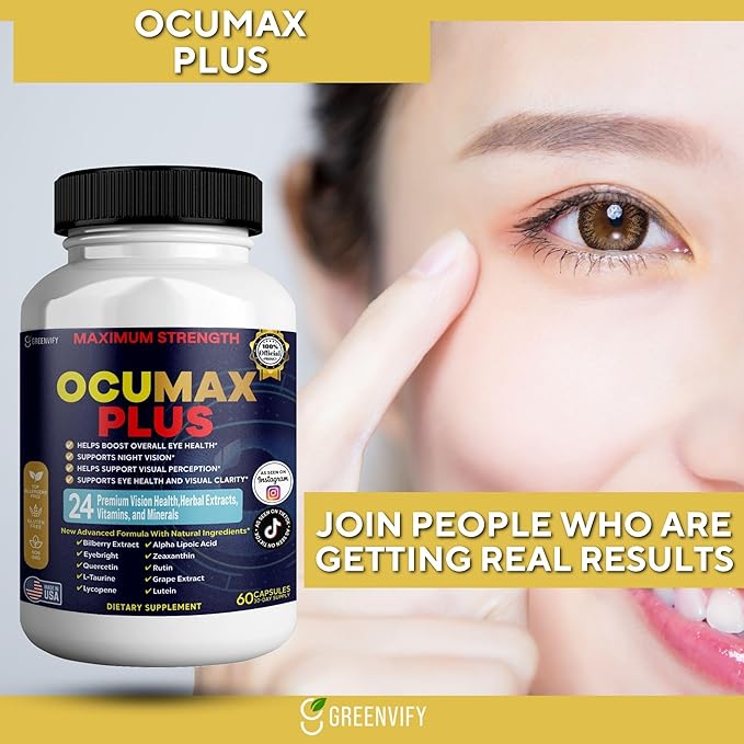 Ocumax Plus Vision Support Supplement, 60 Capsules, with 24 Premium Herbal Extracts and Vitamins, Maximum Strength Eye Health Formula (1)