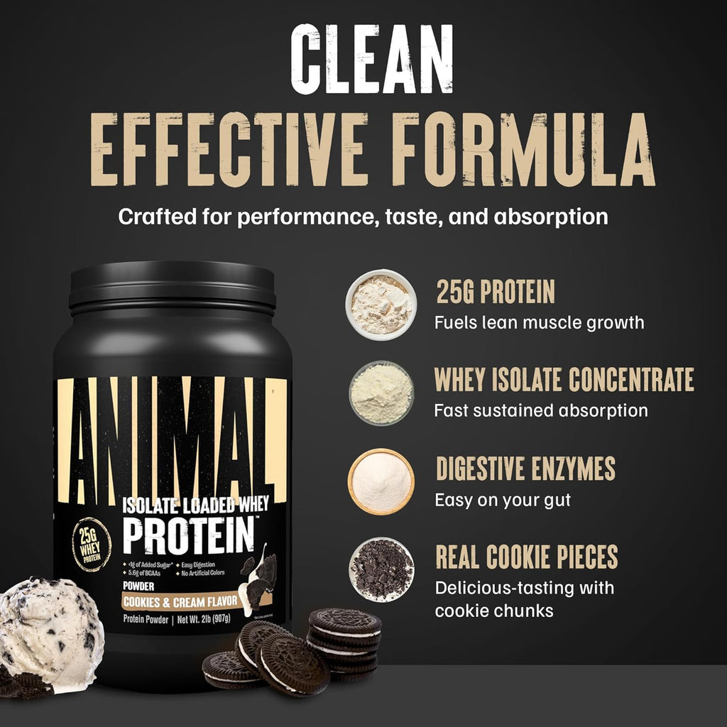 Animal Whey Isolate Protein Powder - Loaded for Pre & Post Workout Muscle Builder and Recovery with Digestive Enzymes for Men & Women - 25g Protein, Great Taste, Low Sugar - Cookies & Cream 2 lbs