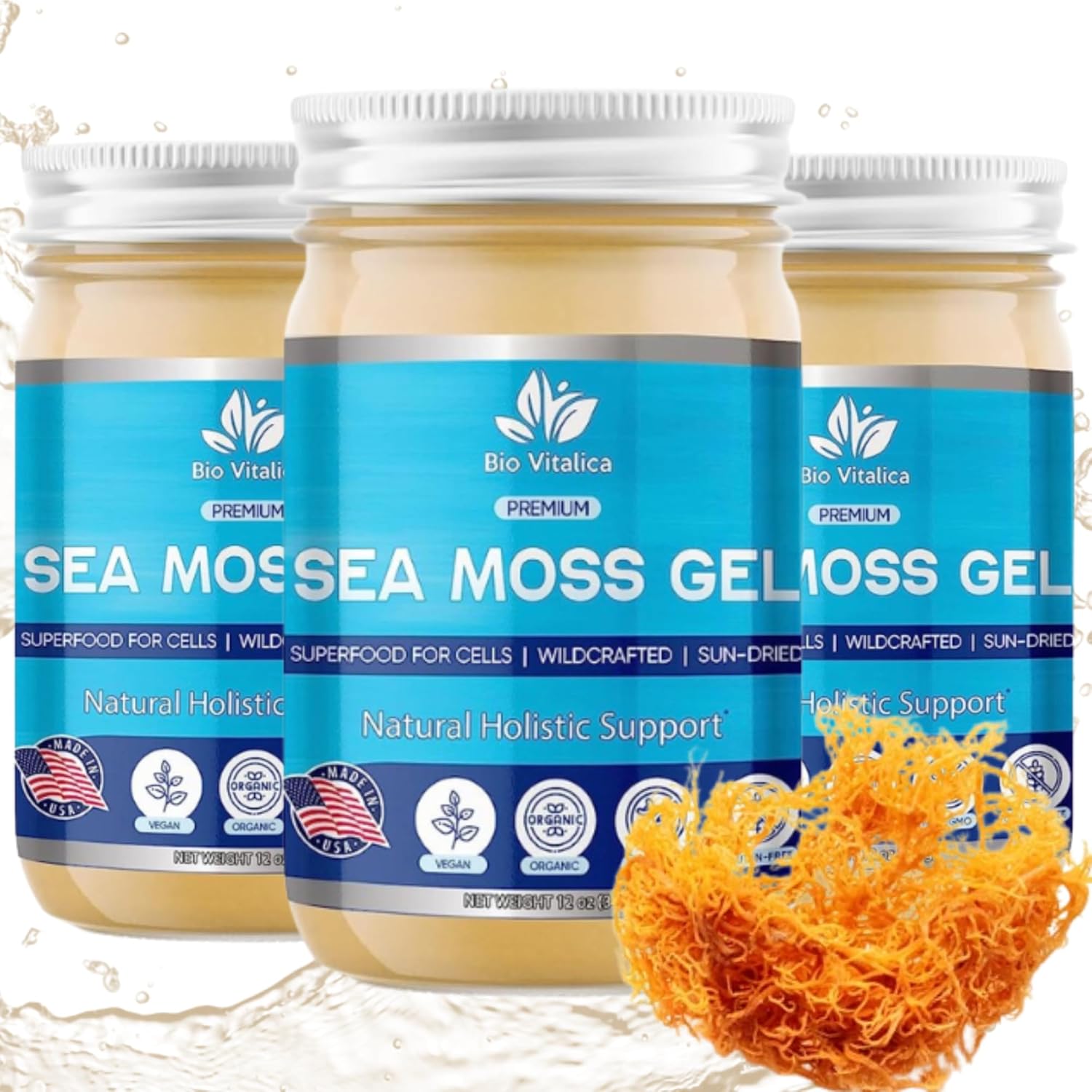 Sea Moss Gel by BioVitalica - Irish sea Moss raw Organic - Premium Quality - Dr Sebi, Vegan superfood for Cells - 100% Natural Seamoss Gel - (Pack of 3, Original)