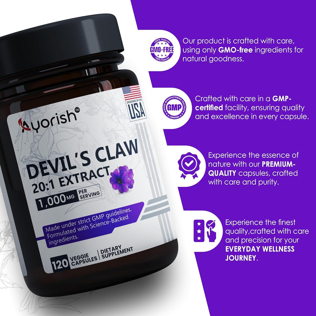 Devils Claw 1000mg | 120 Capsules | 20:1 Concentrated Root Extract | Devils Claw Herbal Supplement | Non-GMO, Gluten Free Supplement