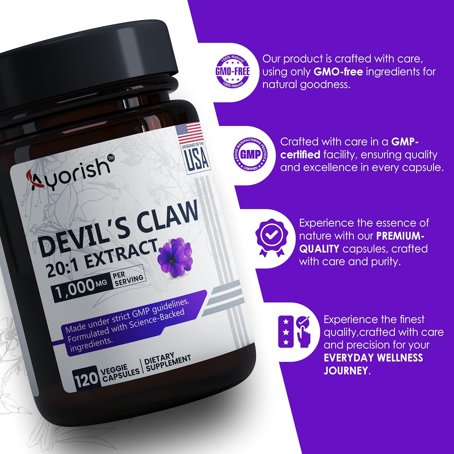 Devils Claw 1000mg | 120 Capsules | 20:1 Concentrated Root Extract | Devils Claw Herbal Supplement | Non-GMO, Gluten Free Supplement