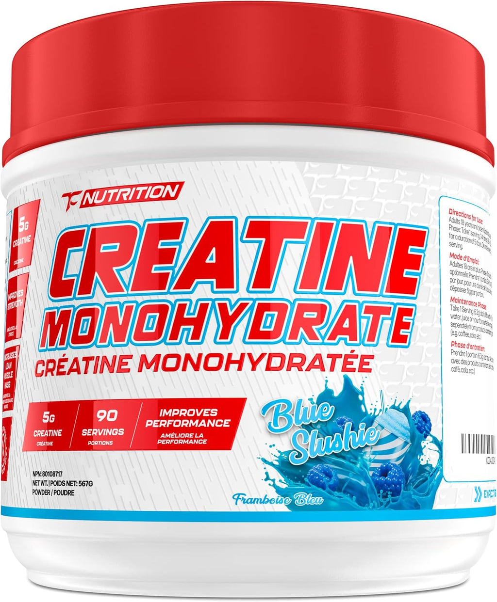 TC Nutrition Creatine Monohydrate Powder 90 Servings - 5g Per Serv of Creatine Powder for Increased Strength, Muscle Growth, Improved Endurance and Performance, Blue Slushie