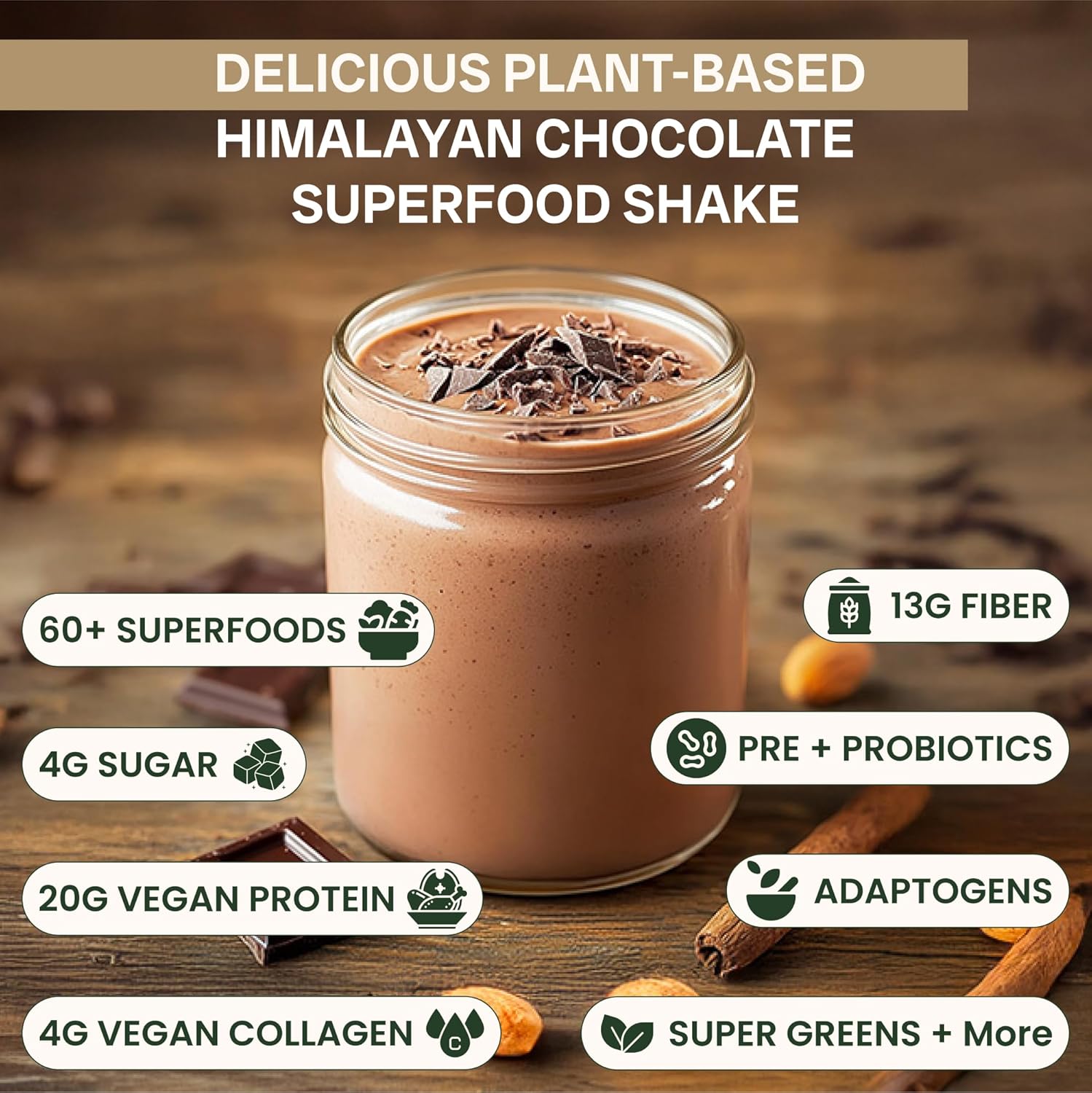 ALL-IN-ONE Superfood Shake | 60+ Superfoods - 20g Protein - 13g Fibre - Probiotics - Vegan Collagen & Digestive Enzymes | Superfood Meal Replacement Protein Shake | 825g | 15 serves