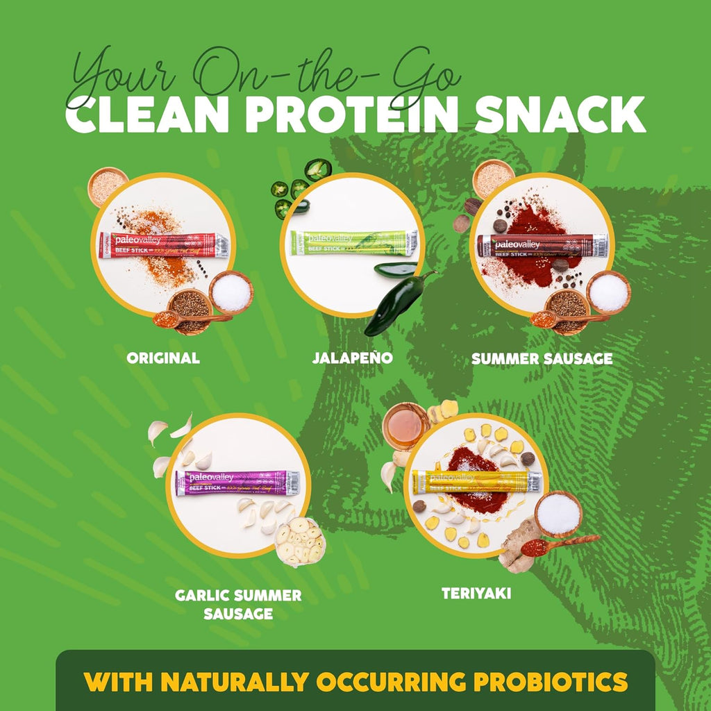 Paleovalley 100% Grass Fed Beef Sticks - Delicious Gluten Free Beef Snack - High Protein Keto Friendly, 50 Count Variety Pack