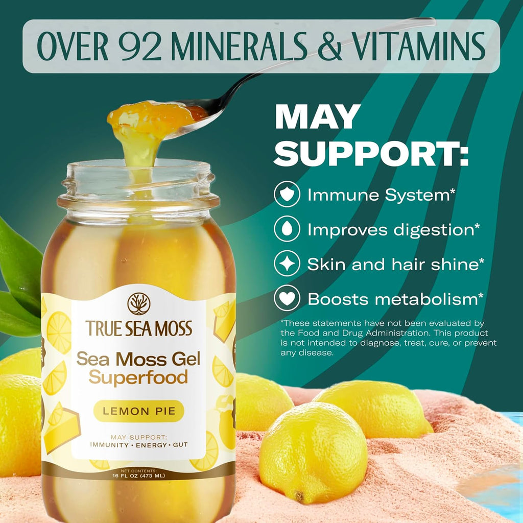TrueSeaMoss Sea Moss Gel – Made in USA – Wildcrafted Seamoss, Fresh Fruits & Sea Vegetables – Lemon Pie, Pack of 1 (Labels may Vary)