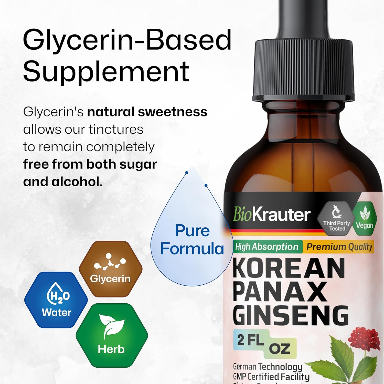 BIO KRAUTER Panax Ginseng Extract Liquid - Korean Red Ginseng Supplement Alcohol Free - Immune Support - Vegan, Sugar Free - 2 Fl.Oz.