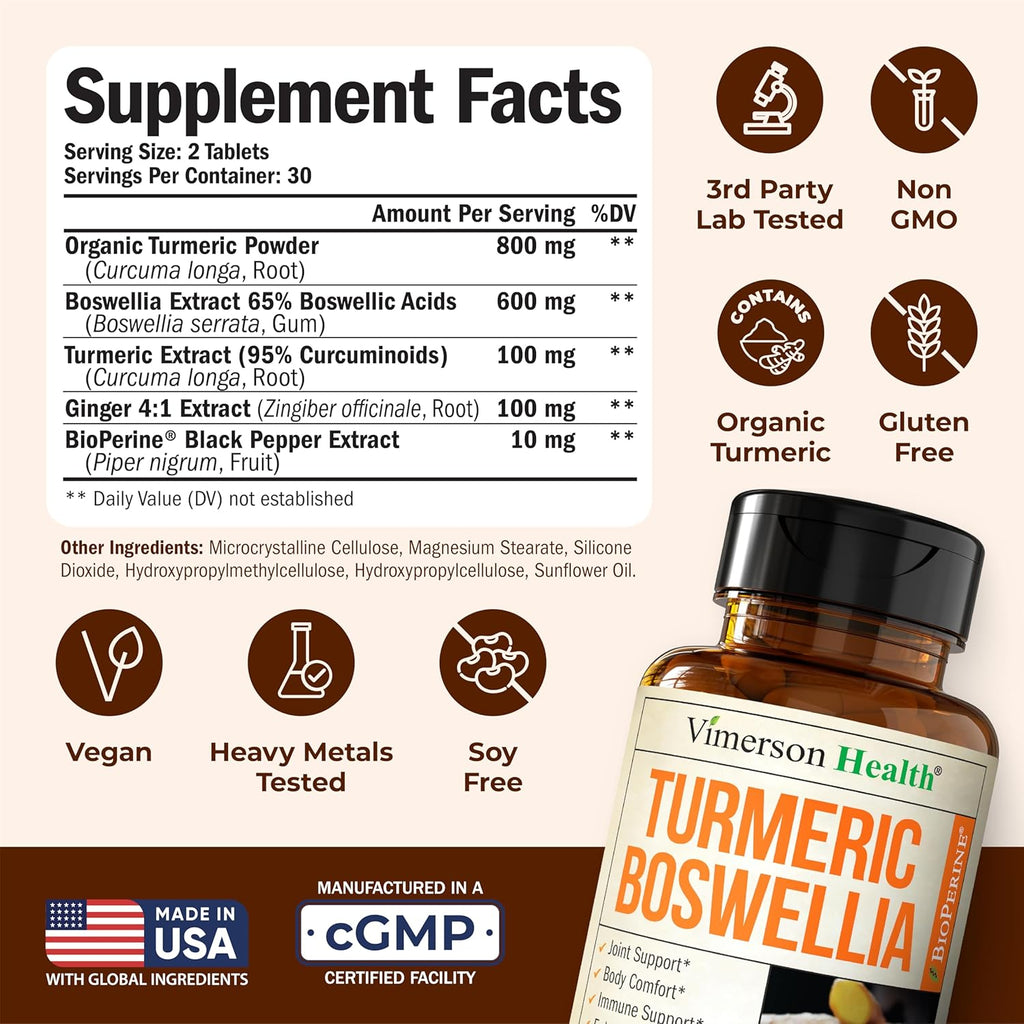 Turmeric Curcumin Supplement with Boswellia Serrata, Ginger Root, Organic Turmeric Powder & Black Pepper - 95% Curcuminoids Turmeric Supplement - 60 Gluten Free Tumeric Boswellia Extract Tablets